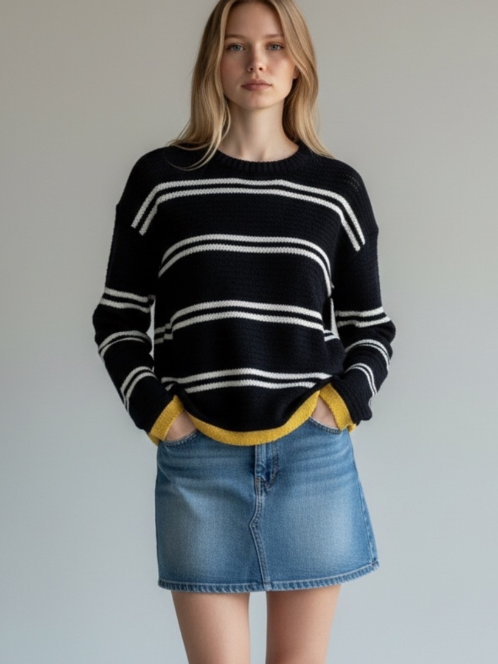 Artisan NY Striped Crewneck Sweater Black White Yellow Accent Size XS